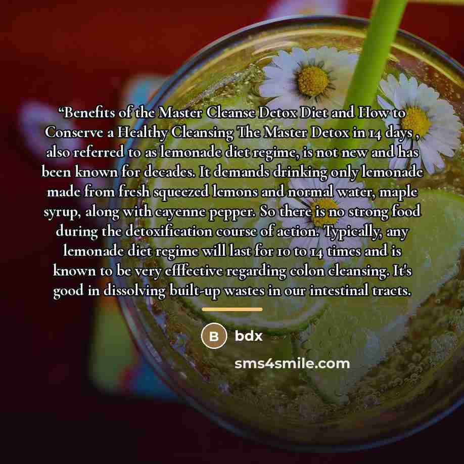 ““Benefits of the Master Cleanse Detox Diet and How to Conserve a Healthy Cleansing The Master Detox in 14 days , also referred to as lemonade diet regime, is not new and has been known for decades. It demands drinking only lemonade made from fresh squeezed lemons and normal water, maple syrup…” quote by Bdx