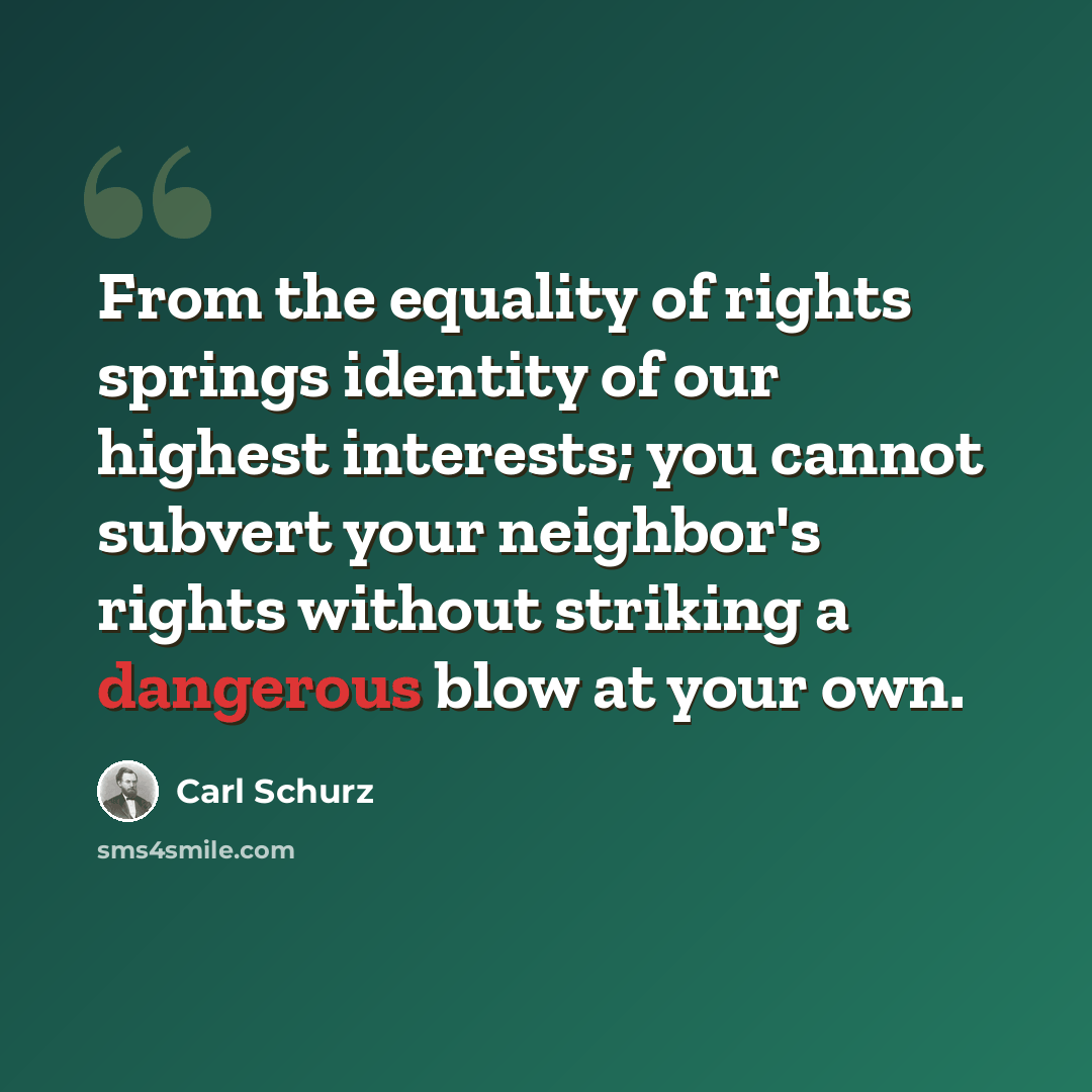 “From the equality of rights springs identity of our highest interests; you cannot subvert your neighbor's rights without striking a dangerous blow at your own.” quote by Carl Schurz