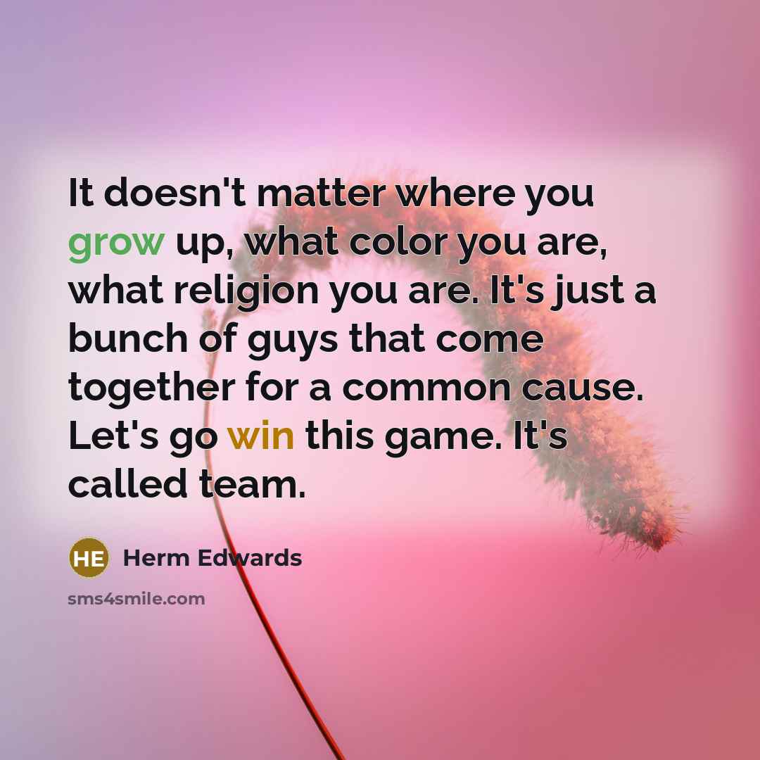 “It doesn't matter where you grow up, what color you are, what religion you are. It's just a bunch of guys that come together for a common cause. Let's go win this game. It's called team.” quote by Herm Edwards