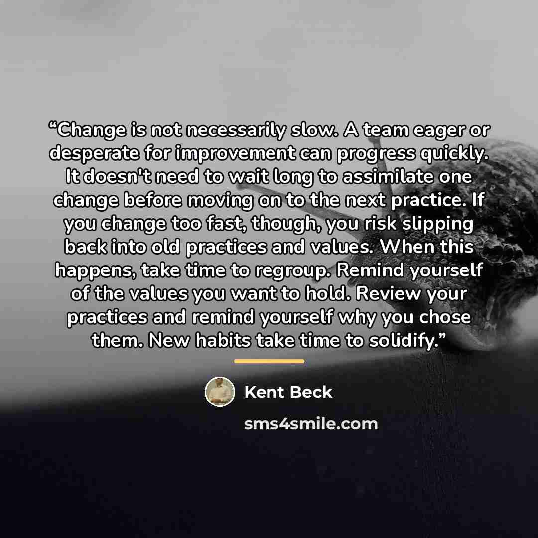 “Change is not necessarily slow. A team eager or desperate for improvement can progress quickly. It doesn't need to wait long to assimilate one change before moving on to the next practice. If you change too fast, though, you risk slipping back into old practices and values. When this happens, take…” quote by Kent Beck