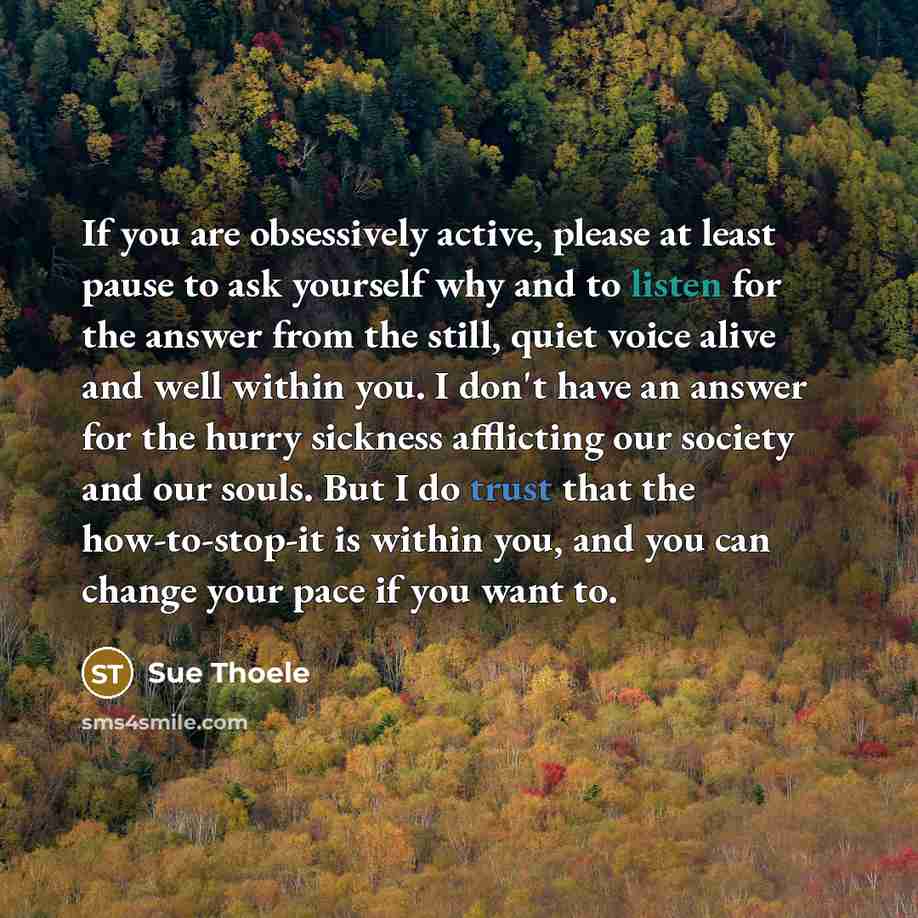 “If you are obsessively active, please at least pause to ask yourself why and to listen for the answer from the still, quiet voice alive and well within you. I don't have an answer for the hurry sickness afflicting our society and our souls. But I do trust that the how-to-stop-it is within you, and…” quote by Sue Thoele