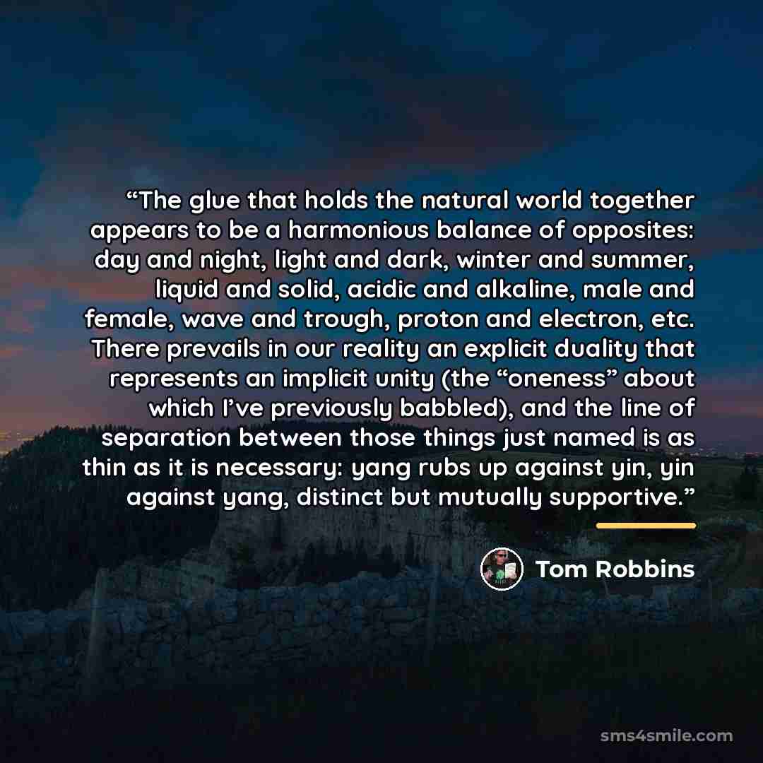 “The glue that holds the natural world together appears to be a harmonious balance of opposites: day and night, light and dark, winter and summer, liquid and solid, acidic and alkaline, male and female, wave and trough, proton and electron, etc. There prevails in our reality an explicit duality…” quote by Tom Robbins