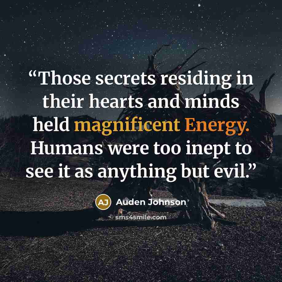“Those secrets residing in their hearts and minds held magnificent Energy. Humans were too inept to see it as anything but evil.” quote by Auden Johnson