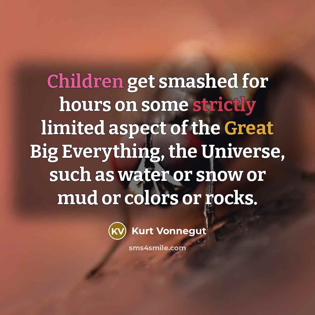 “Children get smashed for hours on some strictly limited aspect of the Great Big Everything, the Universe, such as water or snow or mud or colors or rocks.” quote by Kurt Vonnegut