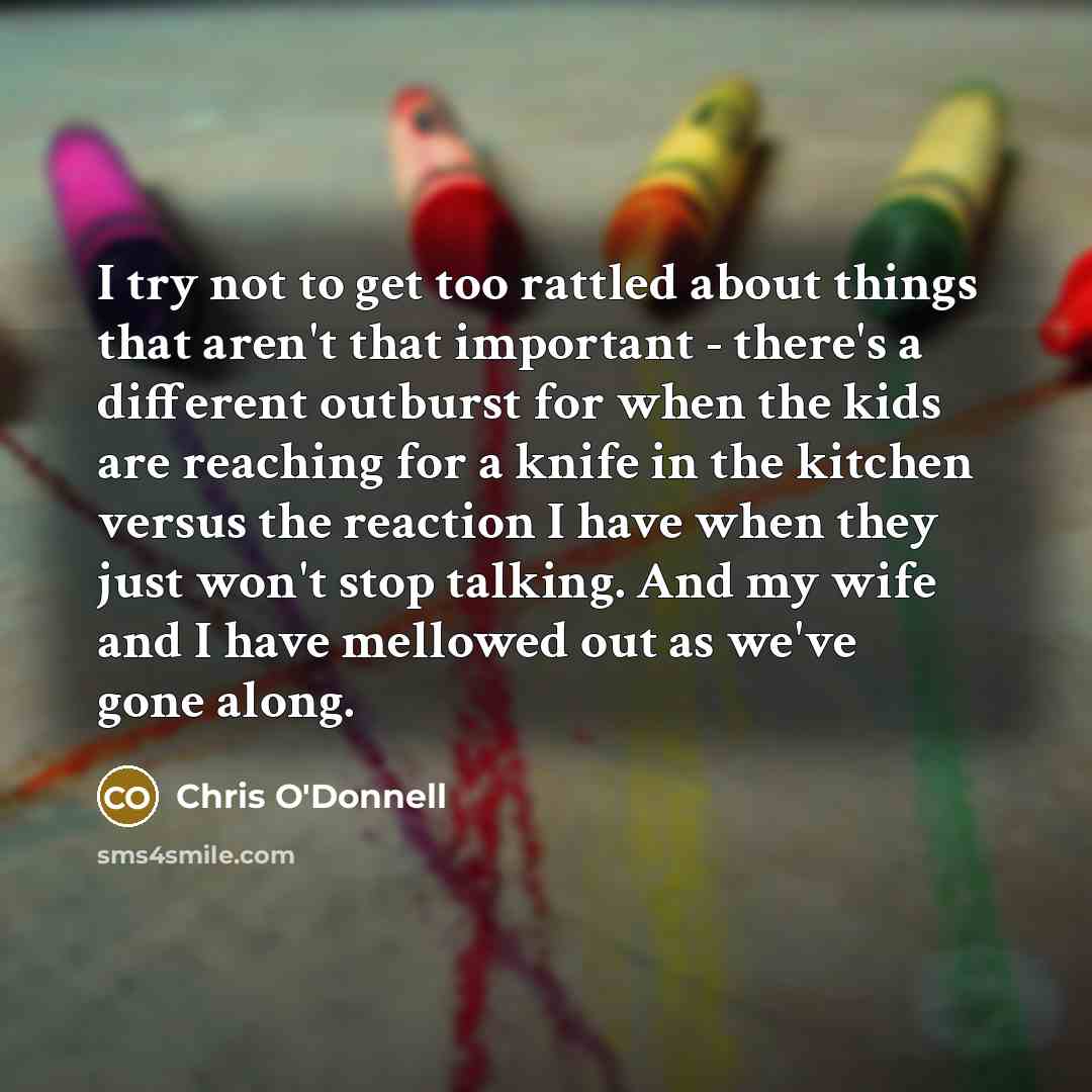 “I try not to get too rattled about things that aren't that important - there's a different outburst for when the kids are reaching for a knife in the kitchen versus the reaction I have when they just won't stop talking. And my wife and I have mellowed out as we've gone along.” quote by Chris O'Donnell