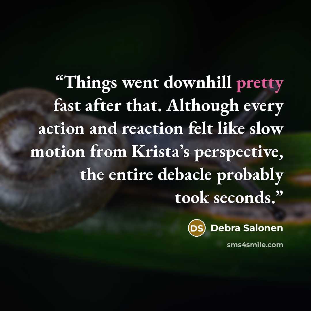 “Things went downhill pretty fast after that. Although every action and reaction felt like slow motion from Krista’s perspective, the entire debacle probably took seconds.” quote by Debra Salonen