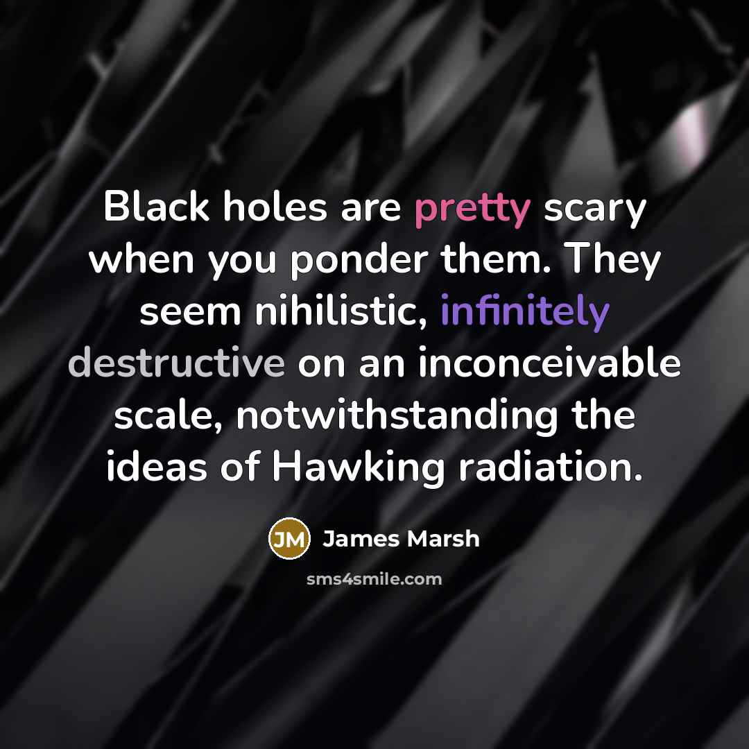 “Black holes are pretty scary when you ponder them. They seem nihilistic, infinitely destructive on an inconceivable scale, notwithstanding the ideas of Hawking radiation.” quote by James Marsh