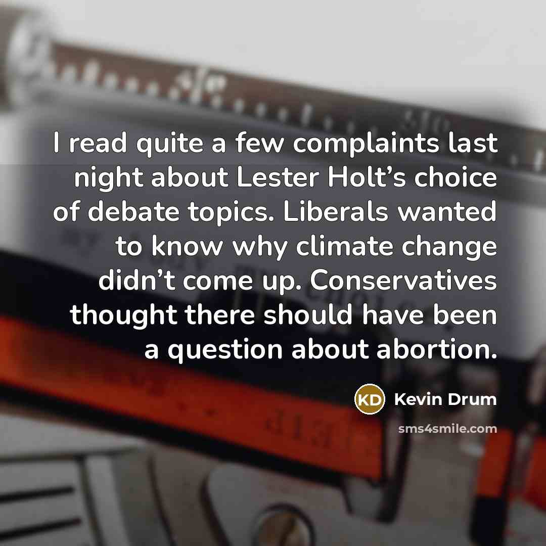 “I read quite a few complaints last night about Lester Holt’s choice of debate topics. Liberals wanted to know why climate change didn’t come up. Conservatives thought there should have been a question about abortion.” quote by Kevin Drum