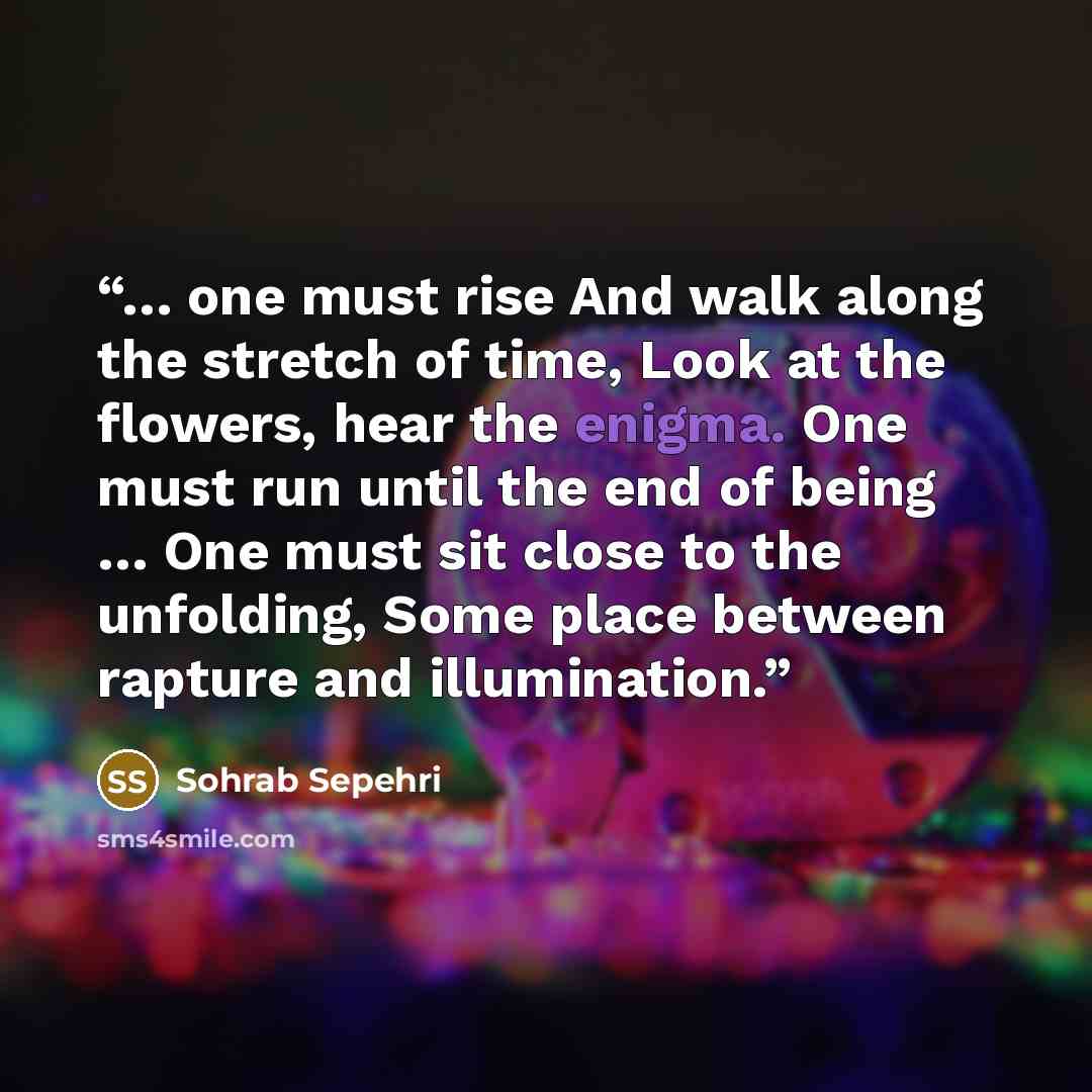 “… one must rise And walk along the stretch of time, Look at the flowers, hear the enigma. One must run until the end of being … One must sit close to the unfolding, Some place between rapture and illumination.” quote by Sohrab Sepehri