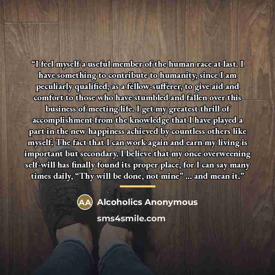 “I feel myself a useful member of the human race at last. I have something to contribute to humanity, since I am peculiarly qualified, as a fellow-sufferer, to give aid and comfort to those who have stumbled and fallen over this business of meeting life. I get my greatest thrill of accomplishment…” quote by Alcoholics Anonymous