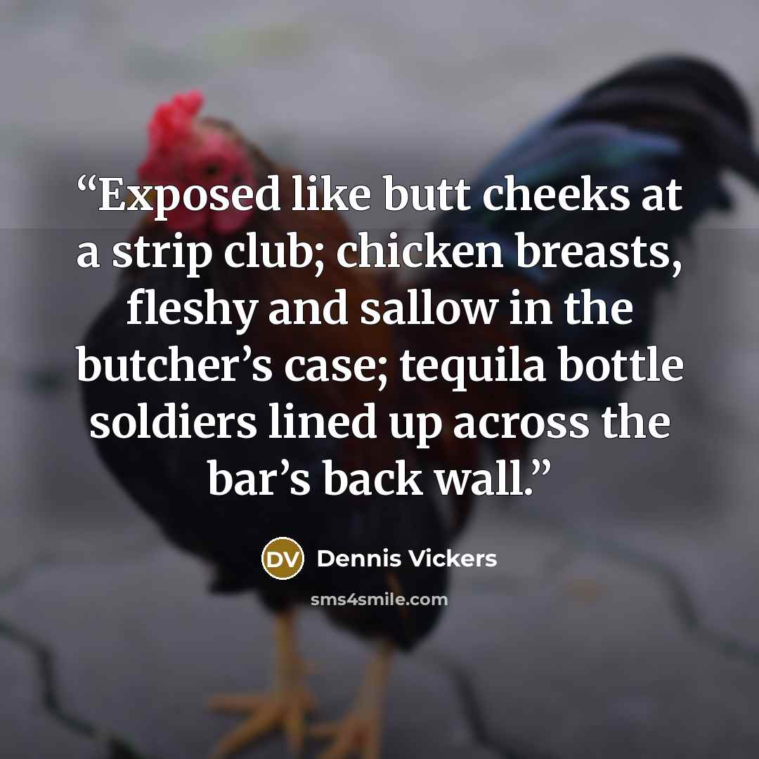 “Exposed like butt cheeks at a strip club; chicken breasts, fleshy and sallow in the butcher’s case; tequila bottle soldiers lined up across the bar’s back wall.” quote by Dennis Vickers