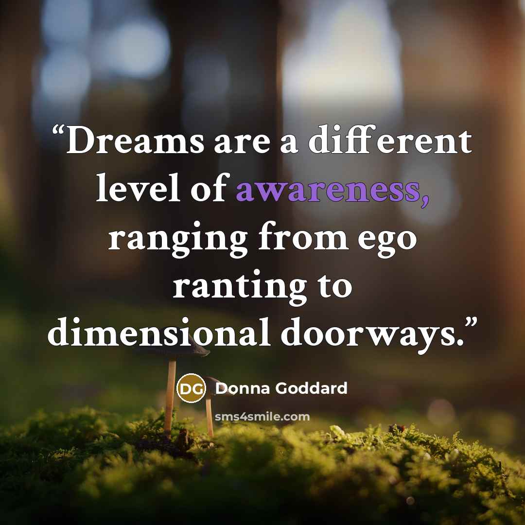 “Dreams are a different level of awareness, ranging from ego ranting to dimensional doorways.” quote by Donna Goddard