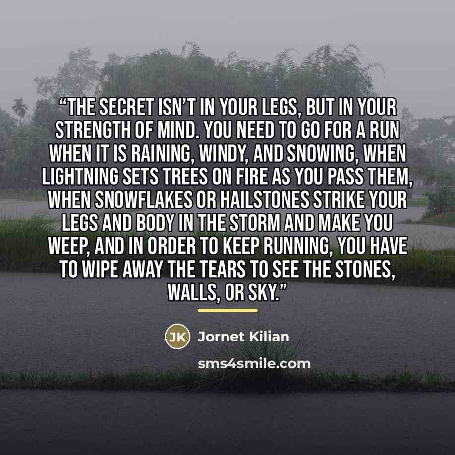 “The secret isn’t in your legs, but in your strength of mind. You need to go for a run when it is raining, windy, and snowing, when lightning sets trees on fire as you pass them, when snowflakes or hailstones strike your legs and body in the storm and make you weep, and in order to keep running…” quote by Jornet Kilian