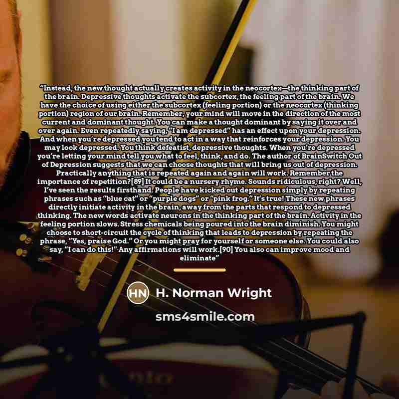 “Instead, the new thought actually creates activity in the neocortex—the thinking part of the brain. Depressive thoughts activate the subcortex, the feeling part of the brain. We have the choice of using either the subcortex (feeling portion) or the neocortex (thinking portion) region of our brain…” quote by H. Norman Wright