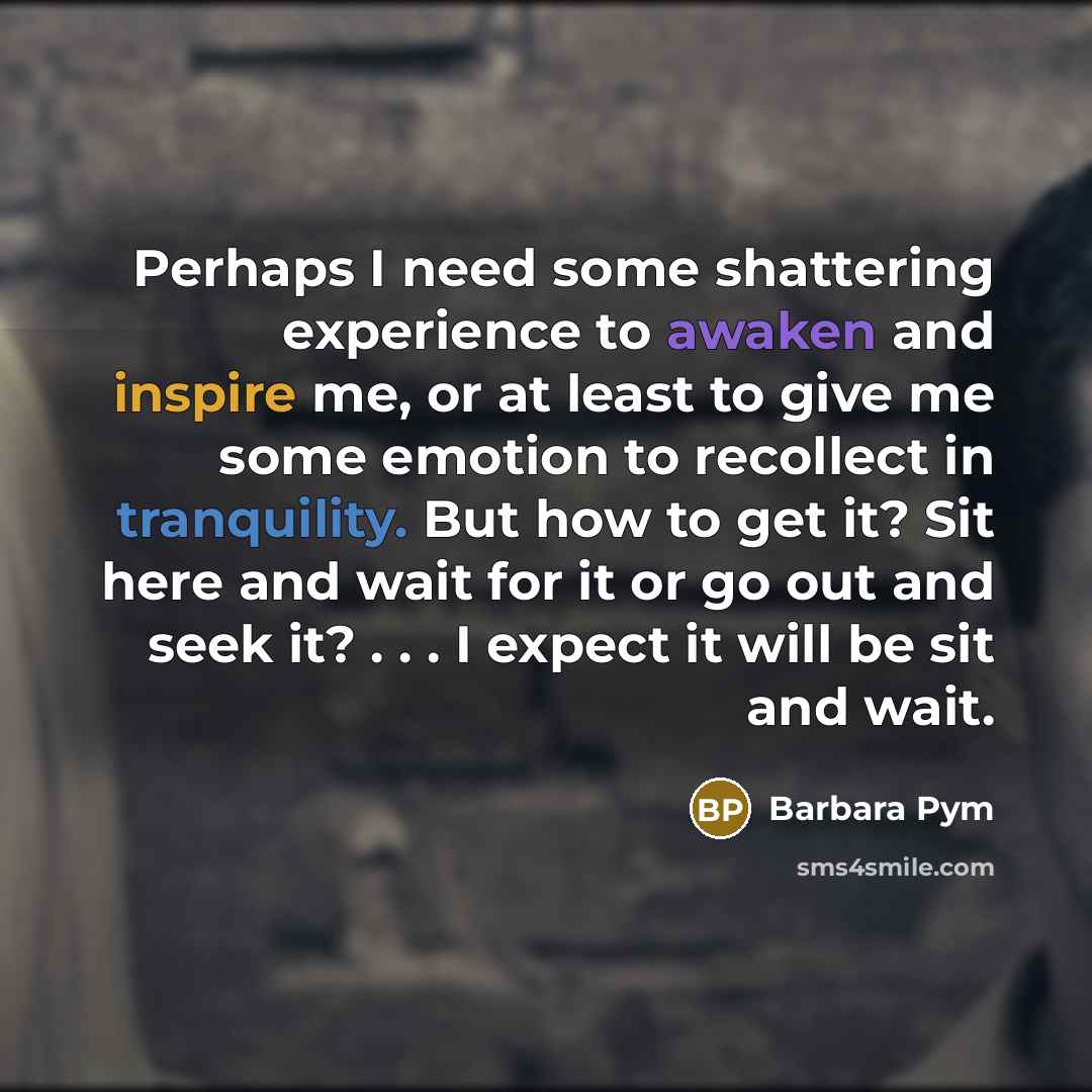 “Perhaps I need some shattering experience to awaken and inspire me, or at least to give me some emotion to recollect in tranquility. But how to get it? Sit here and wait for it or go out and seek it? . . . I expect it will be sit and wait.” quote by Barbara Pym