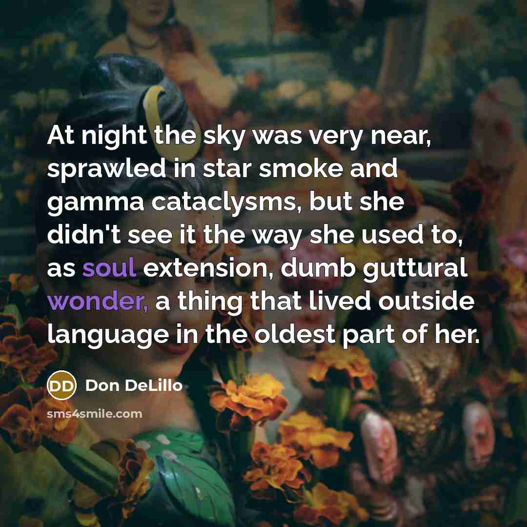 “At night the sky was very near, sprawled in star smoke and gamma cataclysms, but she didn't see it the way she used to, as soul extension, dumb guttural wonder, a thing that lived outside language in the oldest part of her.” quote by Don DeLillo