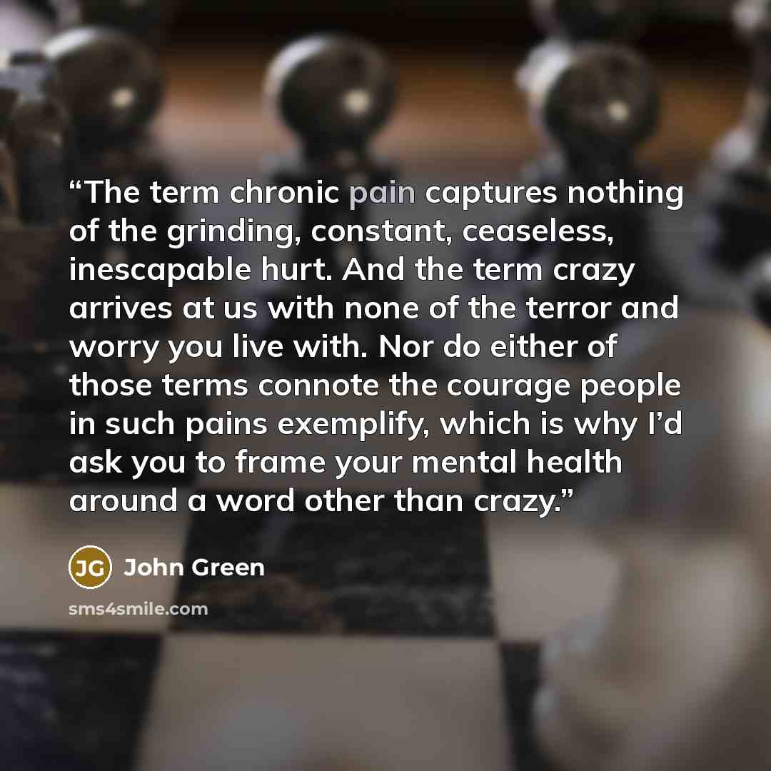 “The term chronic pain captures nothing of the grinding, constant, ceaseless, inescapable hurt. And the term crazy arrives at us with none of the terror and worry you live with. Nor do either of those terms connote the courage people in such pains exemplify, which is why I’d ask you to frame your…” quote by John Green