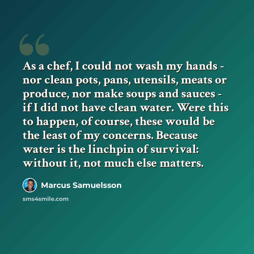 “As a chef, I could not wash my hands - nor clean pots, pans, utensils, meats or produce, nor make soups and sauces - if I did not have clean water. Were this to happen, of course, these would be the least of my concerns. Because water is the linchpin of survival: without it, not much else matters.” quote by Marcus Samuelsson