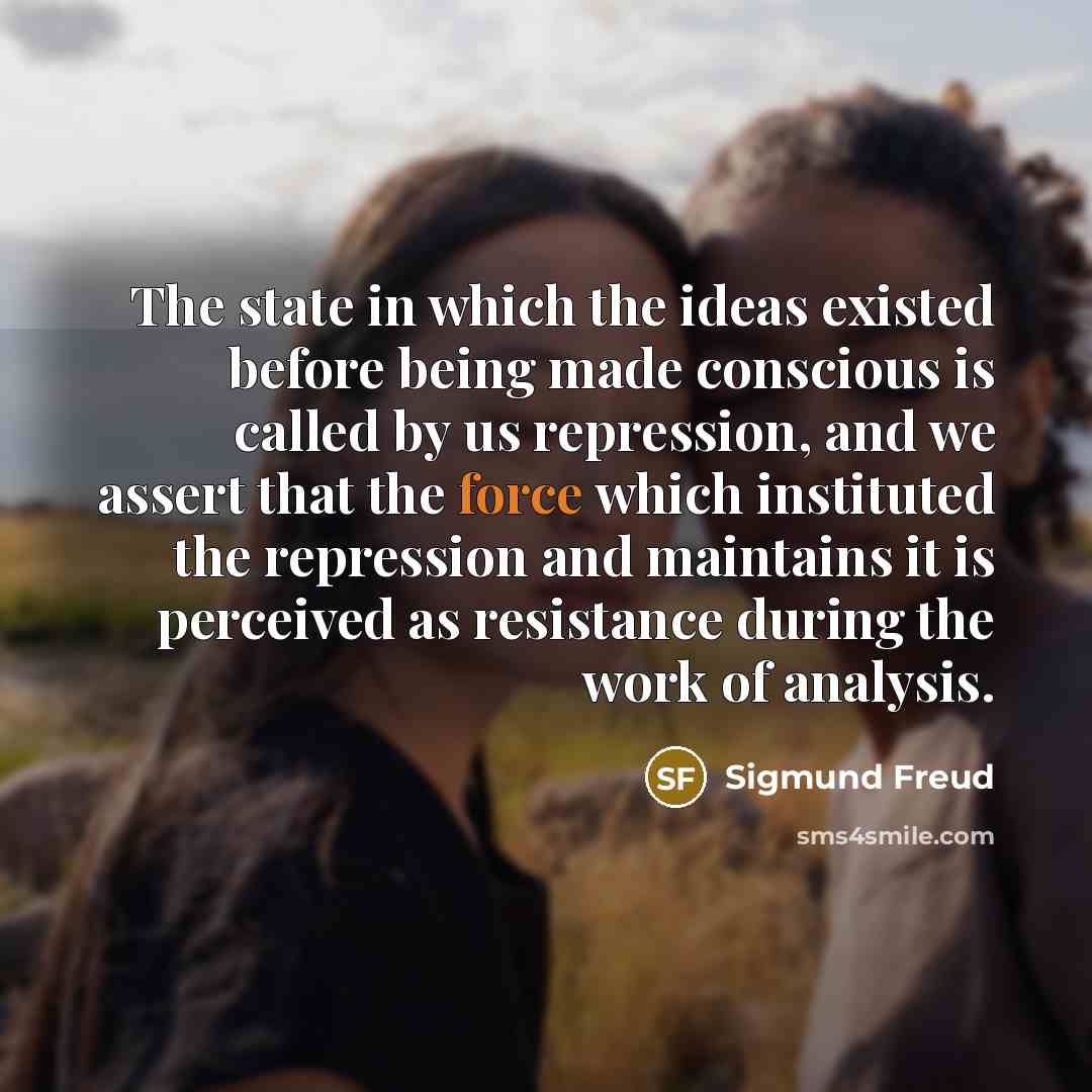 “The state in which the ideas existed before being made conscious is called by us repression, and we assert that the force which instituted the repression and maintains it is perceived as resistance during the work of analysis.” quote by Sigmund Freud
