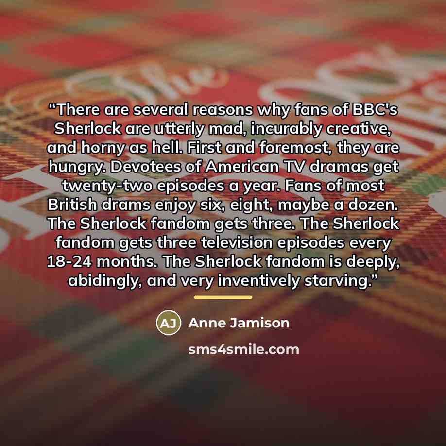 “There are several reasons why fans of BBC's Sherlock are utterly mad, incurably creative, and horny as hell. First and foremost, they are hungry. Devotees of American TV dramas get twenty-two episodes a year. Fans of most British drams enjoy six, eight, maybe a dozen. The Sherlock fandom gets…” quote by Anne Jamison