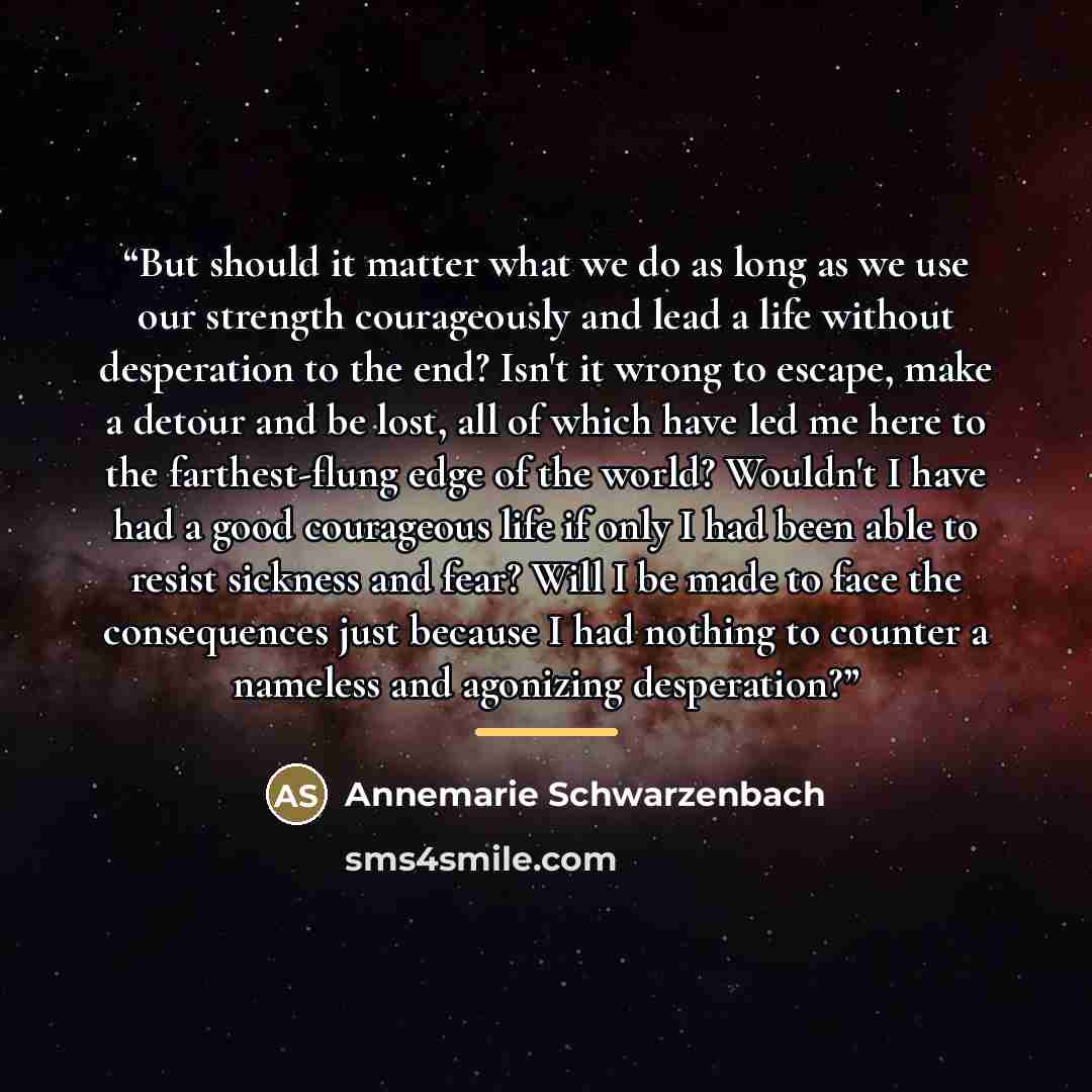 “But should it matter what we do as long as we use our strength courageously and lead a life without desperation to the end? Isn't it wrong to escape, make a detour and be lost, all of which have led me here to the farthest-flung edge of the world? Wouldn't I have had a good courageous life if only…” quote by Annemarie Schwarzenbach