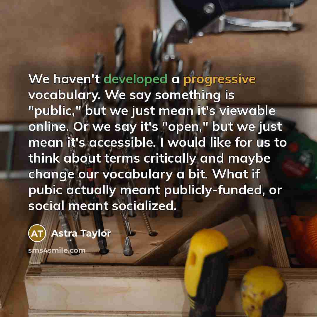 “We haven't developed a progressive vocabulary. We say something is "public," but we just mean it's viewable online. Or we say it's "open," but we just mean it's accessible. I would like for us to think about terms critically and maybe change our vocabulary a bit. What if pubic actually meant…” quote by Astra Taylor
