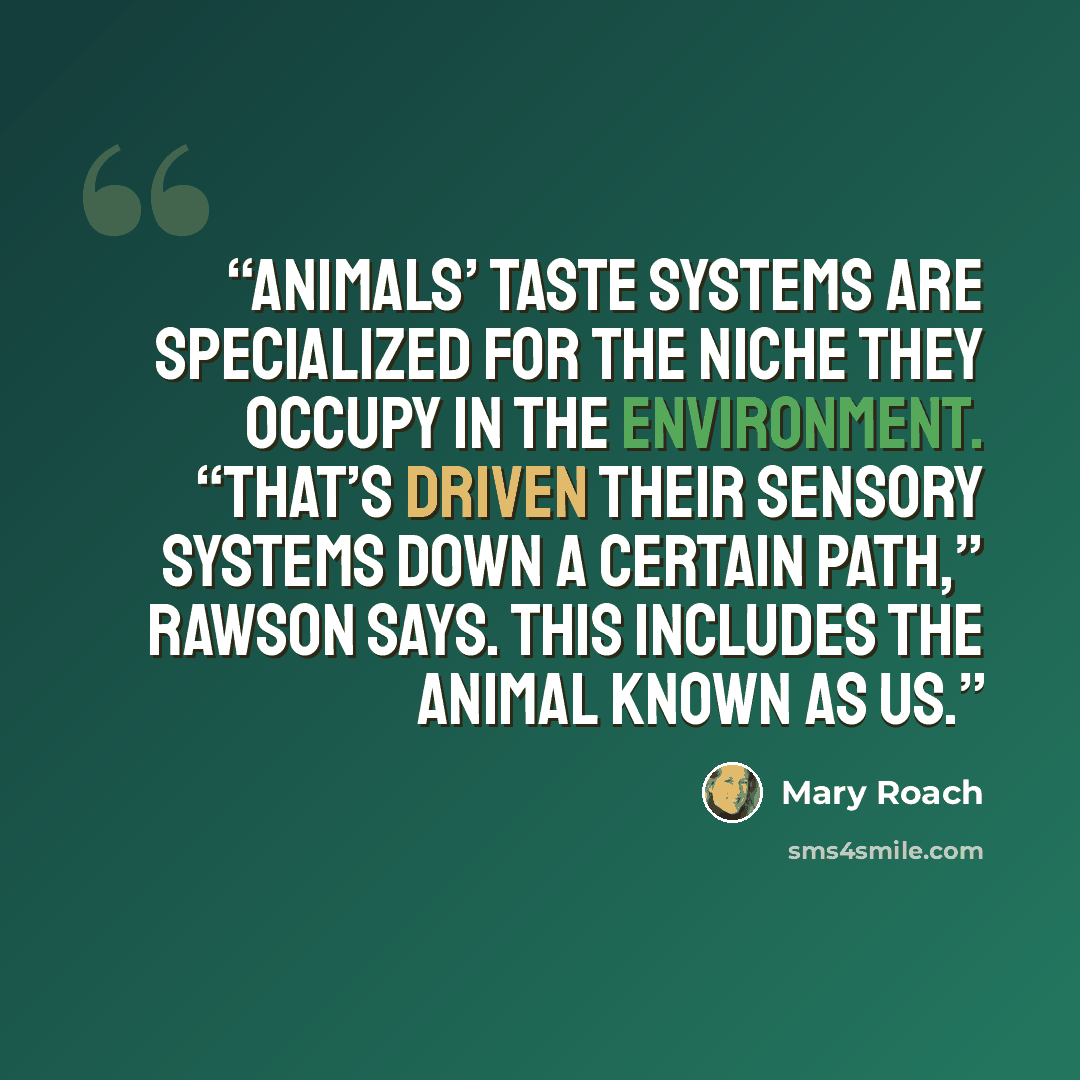 “Animals’ taste systems are specialized for the niche they occupy in the environment. “That’s driven their sensory systems down a certain path,” Rawson says. This includes the animal known as us.” quote by Mary Roach