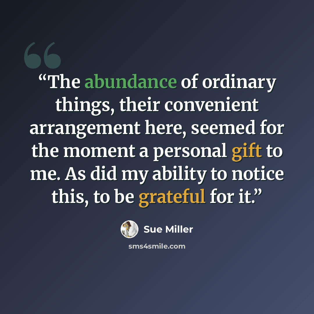 “The abundance of ordinary things, their convenient arrangement here, seemed for the moment a personal gift to me. As did my ability to notice this, to be grateful for it.” quote by Sue Miller