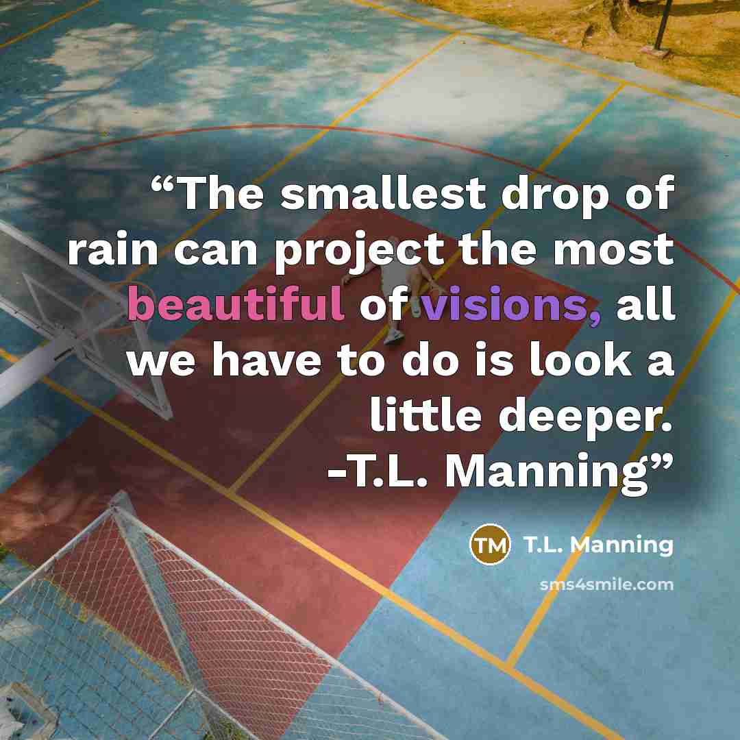 “The smallest drop of rain can project the most beautiful of visions, all we have to do is look a little deeper. -T.L. Manning” quote by T.L. Manning