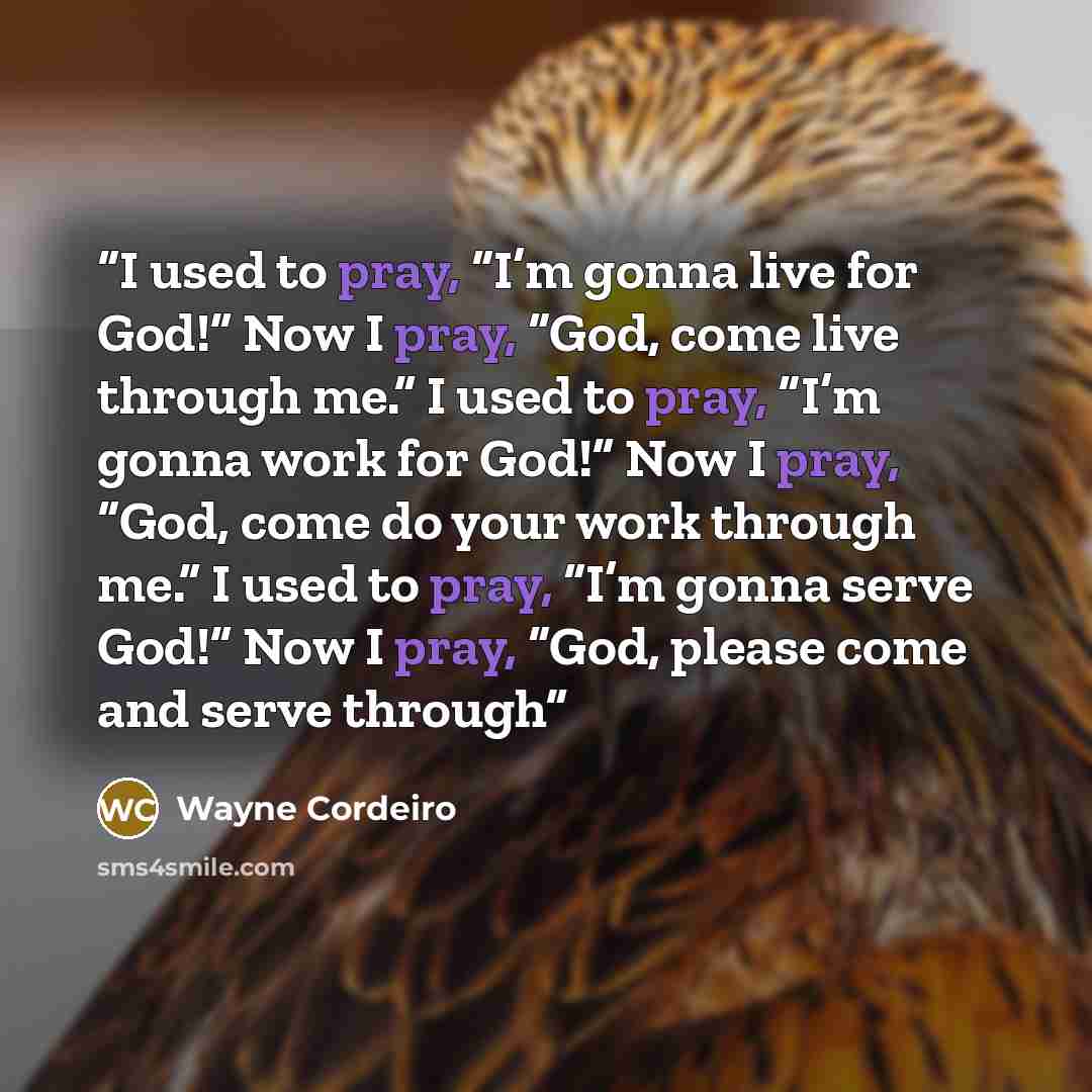 “I used to pray, “I’m gonna live for God!” Now I pray, “God, come live through me.” I used to pray, “I’m gonna work for God!” Now I pray, “God, come do your work through me.” I used to pray, “I’m gonna serve God!” Now I pray, “God, please come and serve through” quote by Wayne Cordeiro