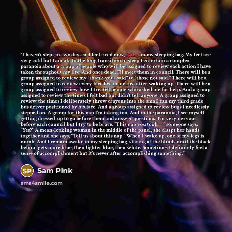 “I haven’t slept in two days so I feel tired now, lying on my sleeping bag. My feet are very cold but I am ok. In the long transition to sleep I entertain a complex paranoia about a group of people who will be assigned to review each action I have taken throughout my life. And once dead, I’ll meet…” quote by Sam Pink