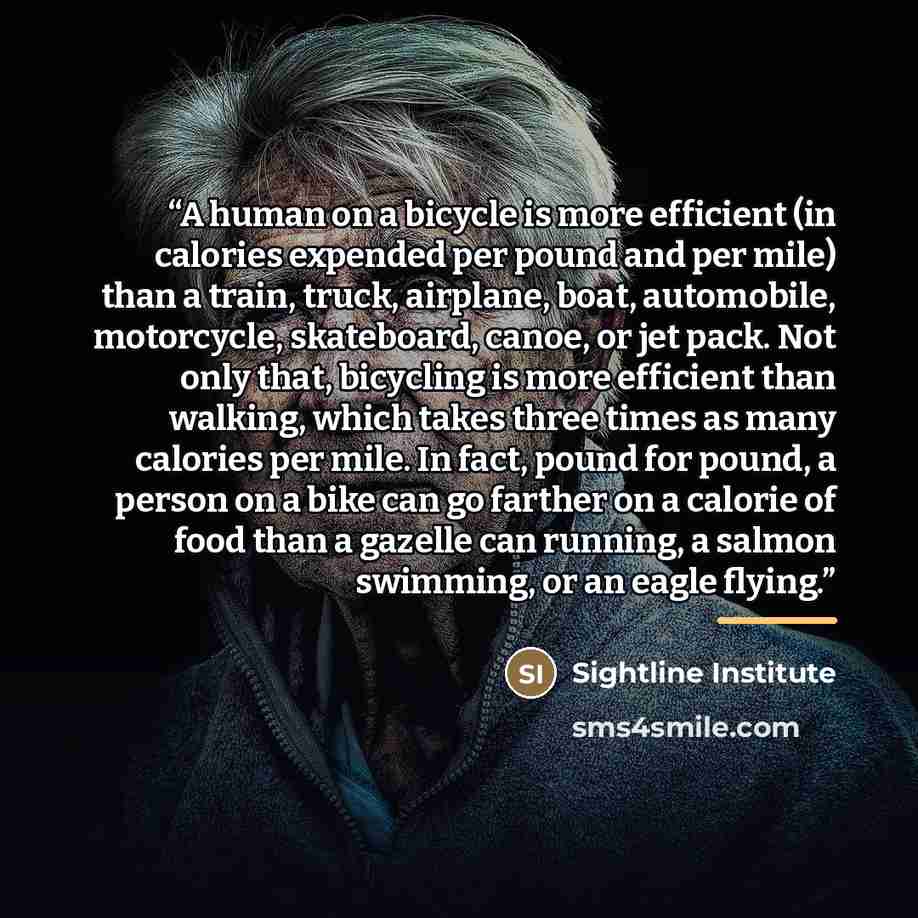 “A human on a bicycle is more efficient (in calories expended per pound and per mile) than a train, truck, airplane, boat, automobile, motorcycle, skateboard, canoe, or jet pack. Not only that, bicycling is more efficient than walking, which takes three times as many calories per mile. In fact…” quote by Sightline Institute