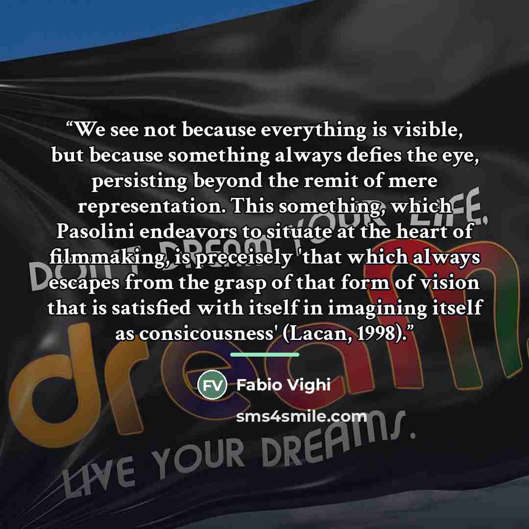“We see not because everything is visible, but because something always defies the eye, persisting beyond the remit of mere representation. This something, which Pasolini endeavors to situate at the heart of filmmaking, is preceisely 'that which always escapes from the grasp of that form of vision…” quote by Fabio Vighi
