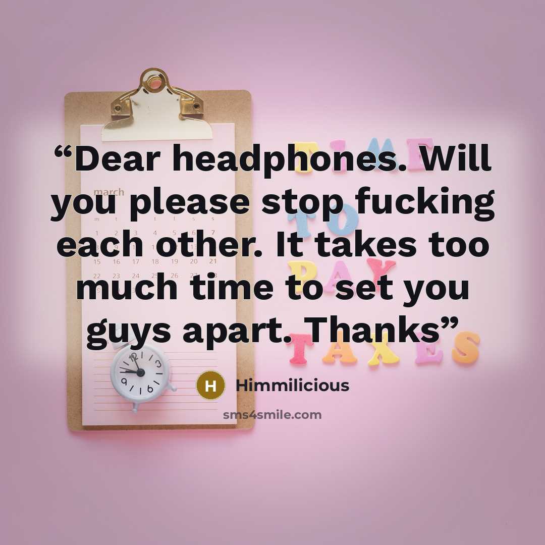 “Dear headphones. Will you please stop fucking each other. It takes too much time to set you guys apart. Thanks” quote by Himmilicious