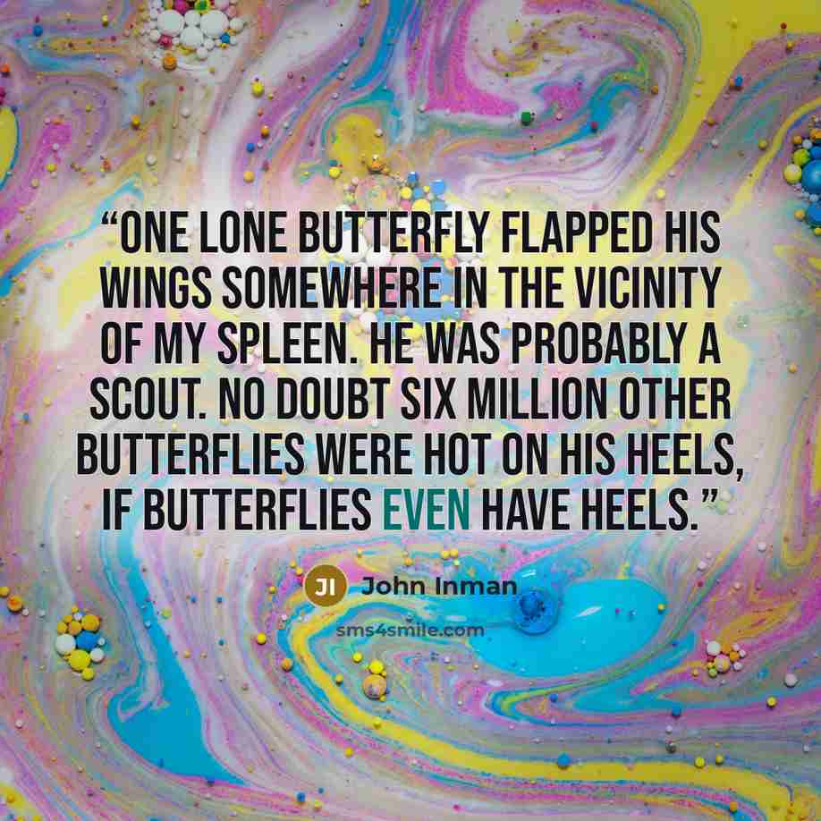 “One lone butterfly flapped his wings somewhere in the vicinity of my spleen. He was probably a scout. No doubt six million other butterflies were hot on his heels, if butterflies even have heels.” quote by John Inman