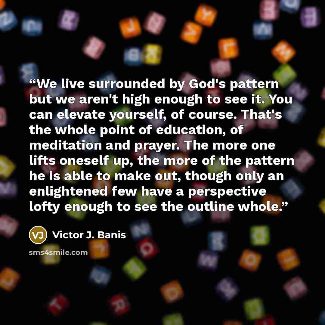 “We live surrounded by God's pattern but we aren't high enough to see it. You can elevate yourself, of course. That's the whole point of education, of meditation and prayer. The more one lifts oneself up, the more of the pattern he is able to make out, though only an enlightened few have a…” quote by Victor J. Banis