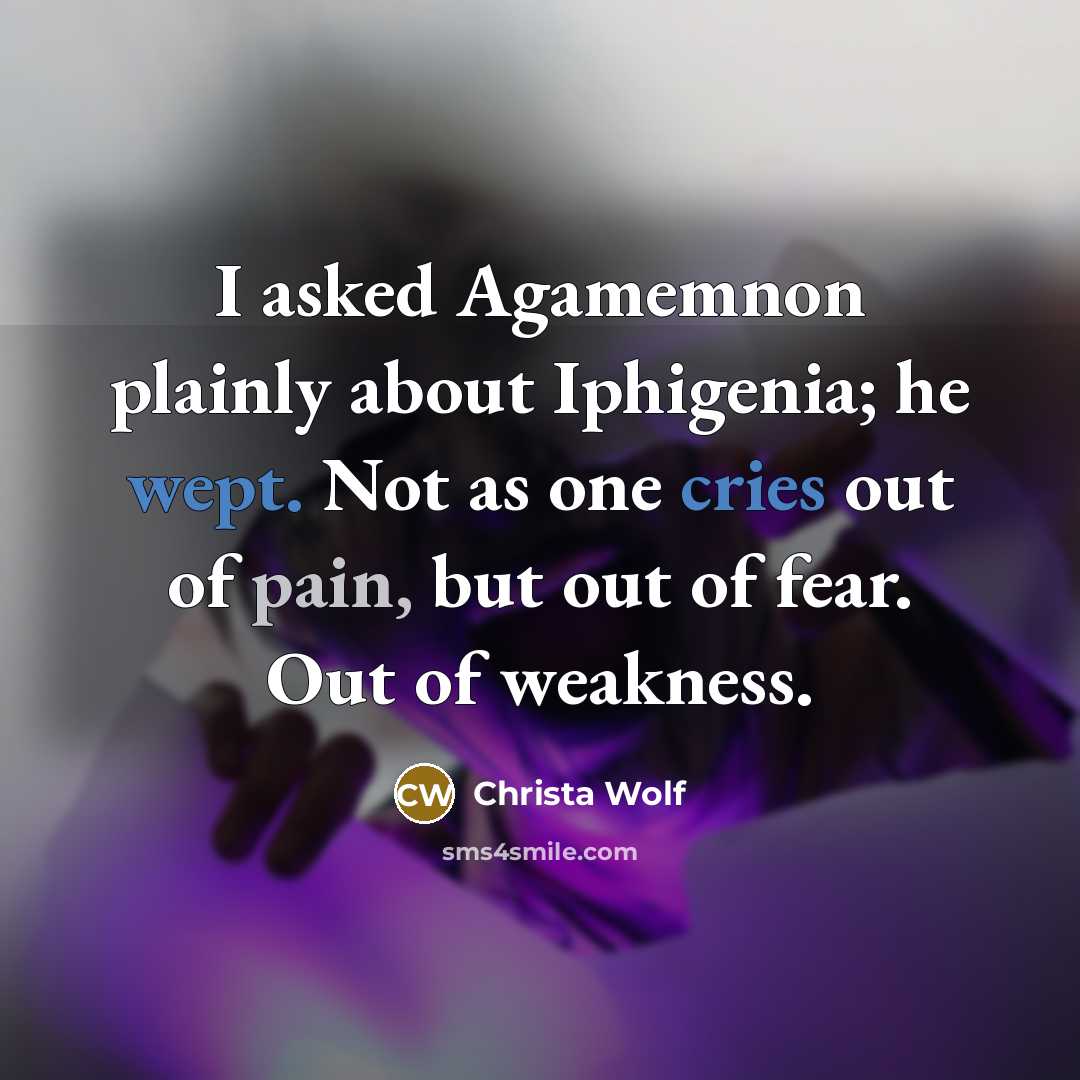 “I asked Agamemnon plainly about Iphigenia; he wept. Not as one cries out of pain, but out of fear. Out of weakness.” quote by Christa Wolf