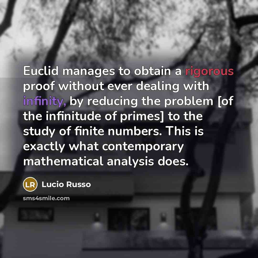 “Euclid manages to obtain a rigorous proof without ever dealing with infinity, by reducing the problem [of the infinitude of primes] to the study of finite numbers. This is exactly what contemporary mathematical analysis does.” quote by Lucio Russo