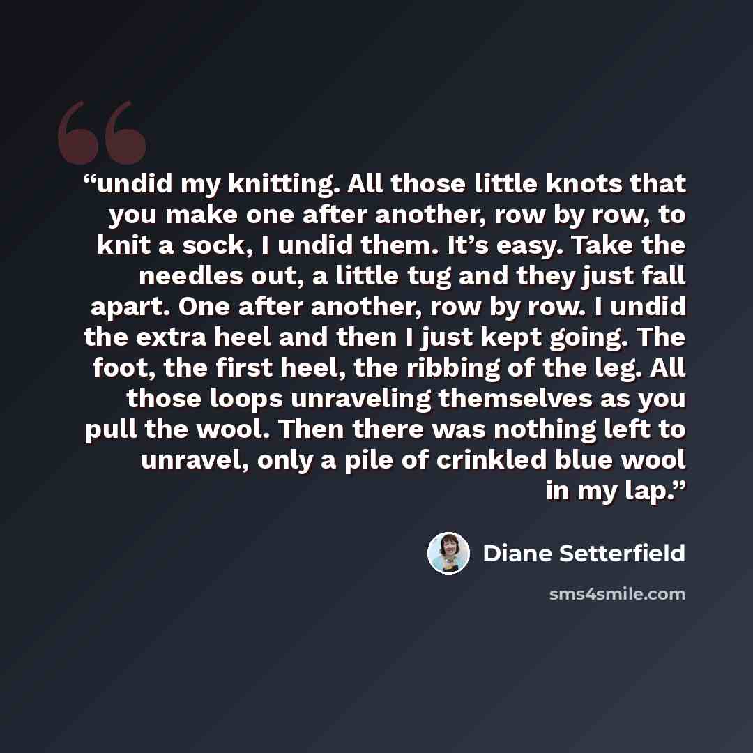 “undid my knitting. All those little knots that you make one after another, row by row, to knit a sock, I undid them. It’s easy. Take the needles out, a little tug and they just fall apart. One after another, row by row. I undid the extra heel and then I just kept going. The foot, the first heel…” quote by Diane Setterfield