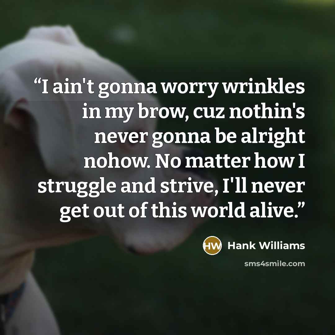 “I ain't gonna worry wrinkles in my brow, cuz nothin's never gonna be alright nohow. No matter how I struggle and strive, I'll never get out of this world alive.” quote by Hank Williams