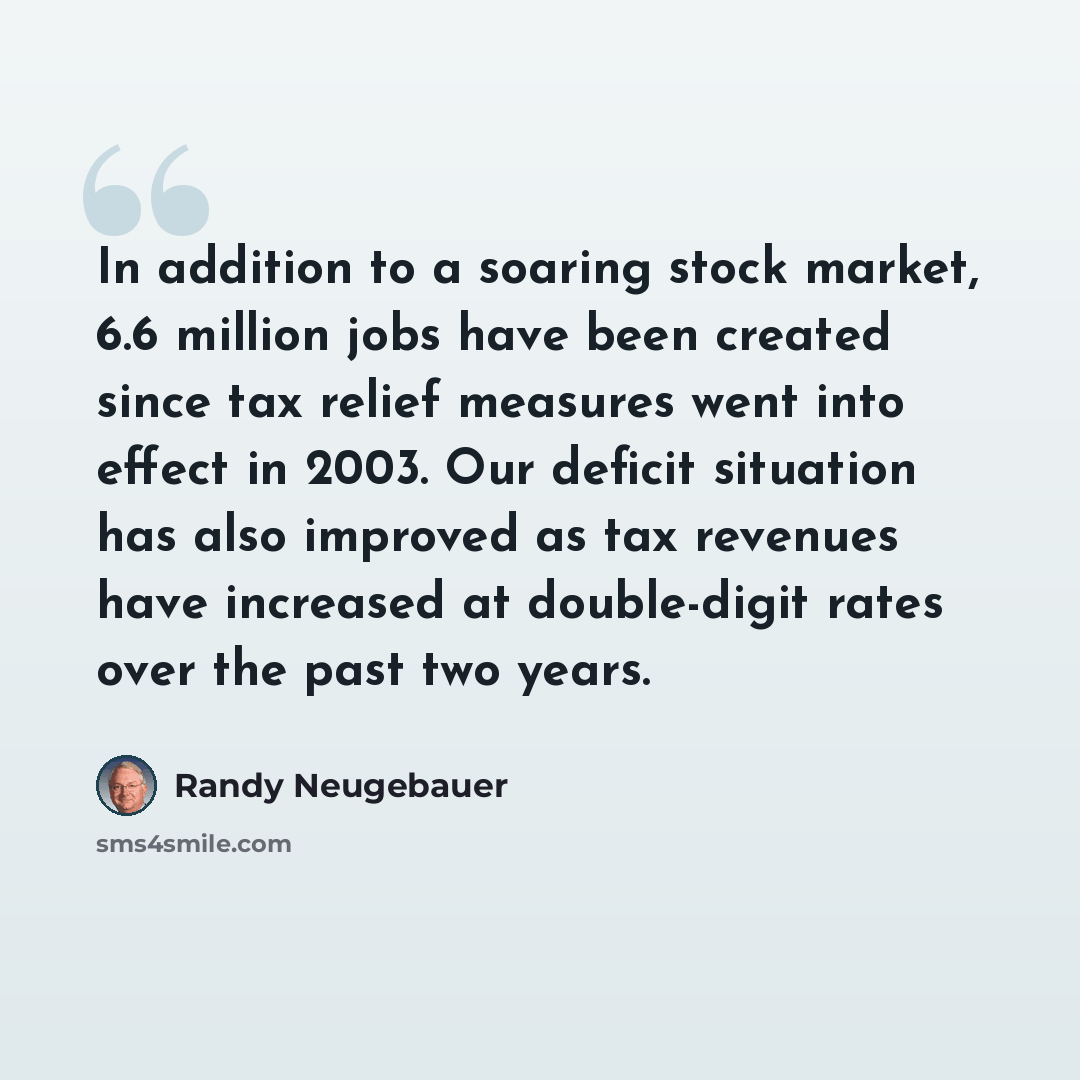 “In addition to a soaring stock market, 6.6 million jobs have been created since tax relief measures went into effect in 2003. Our deficit situation has also improved as tax revenues have increased at double-digit rates over the past two years.” quote by Randy Neugebauer