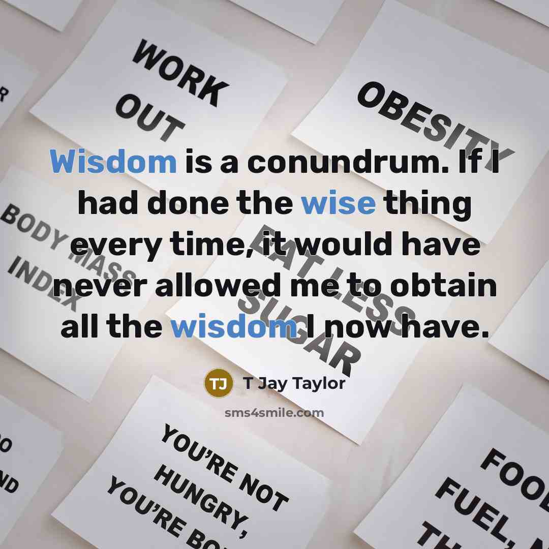 “Wisdom is a conundrum. If I had done the wise thing every time, it would have never allowed me to obtain all the wisdom I now have.” quote by T Jay Taylor