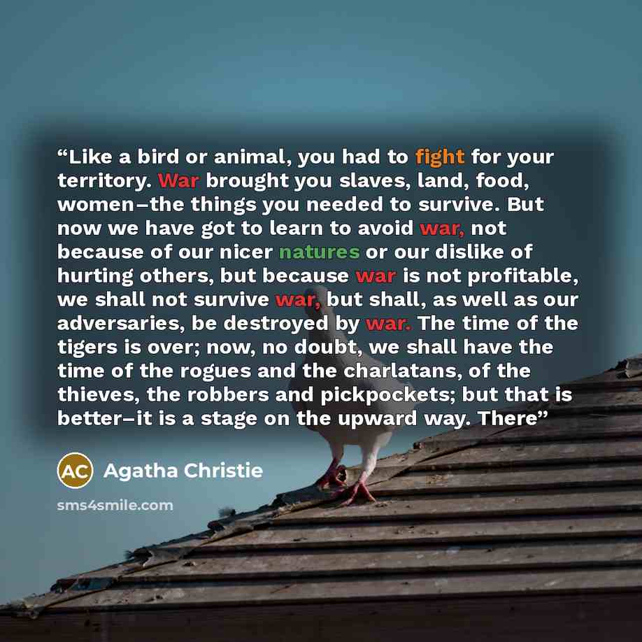 “Like a bird or animal, you had to fight for your territory. War brought you slaves, land, food, women–the things you needed to survive. But now we have got to learn to avoid war, not because of our nicer natures or our dislike of hurting others, but because war is not profitable, we shall not…” quote by Agatha Christie