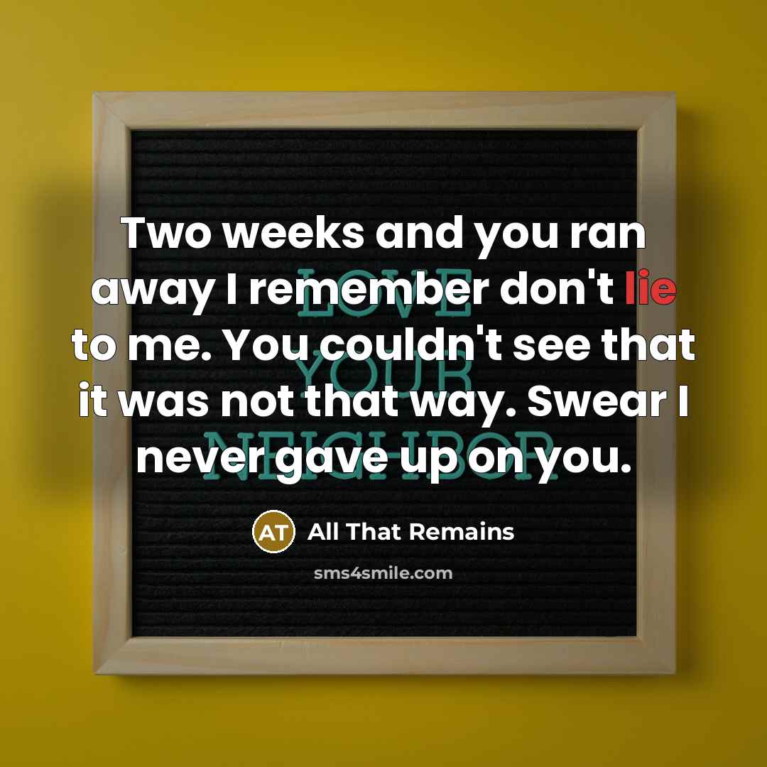 “Two weeks and you ran away I remember don't lie to me. You couldn't see that it was not that way. Swear I never gave up on you.” quote by All That Remains