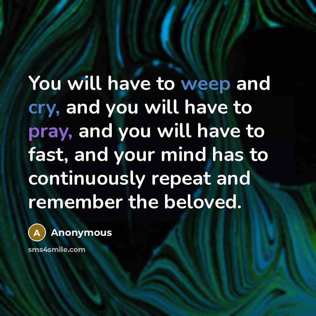 “You will have to weep and cry, and you will have to pray, and you will have to fast, and your mind has to continuously repeat and remember the beloved.” quote by Anonymous