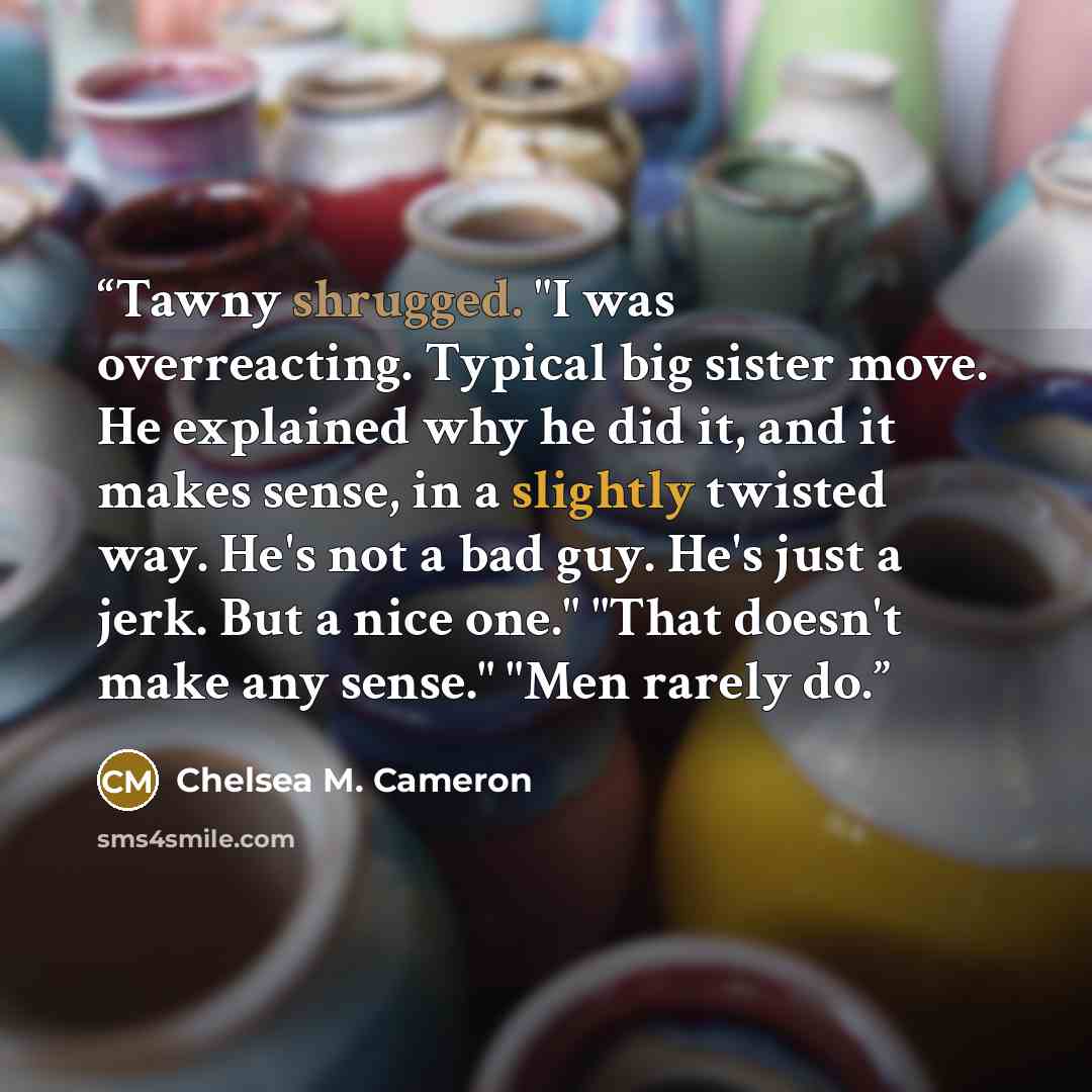 “Tawny shrugged. "I was overreacting. Typical big sister move. He explained why he did it, and it makes sense, in a slightly twisted way. He's not a bad guy. He's just a jerk. But a nice one." "That doesn't make any sense." "Men rarely do.” quote by Chelsea M. Cameron