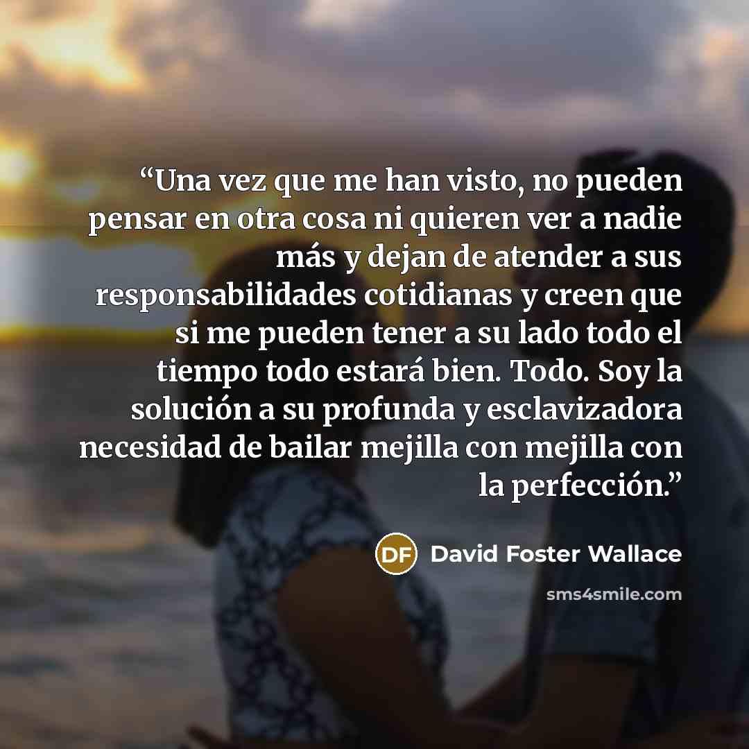 “Una vez que me han visto, no pueden pensar en otra cosa ni quieren ver a nadie más y dejan de atender a sus responsabilidades cotidianas y creen que si me pueden tener a su lado todo el tiempo todo estará bien. Todo. Soy la solución a su profunda y esclavizadora necesidad de bailar mejilla con…” quote by David Foster Wallace