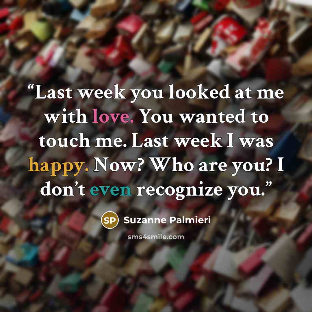 “Last week you looked at me with love. You wanted to touch me. Last week I was happy. Now? Who are you? I don’t even recognize you.” quote by Suzanne Palmieri