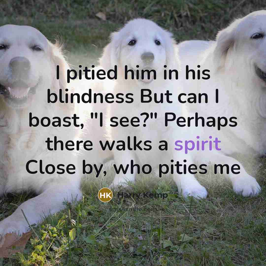 “I pitied him in his blindness But can I boast, "I see?" Perhaps there walks a spirit Close by, who pities me” quote by Harry Kemp