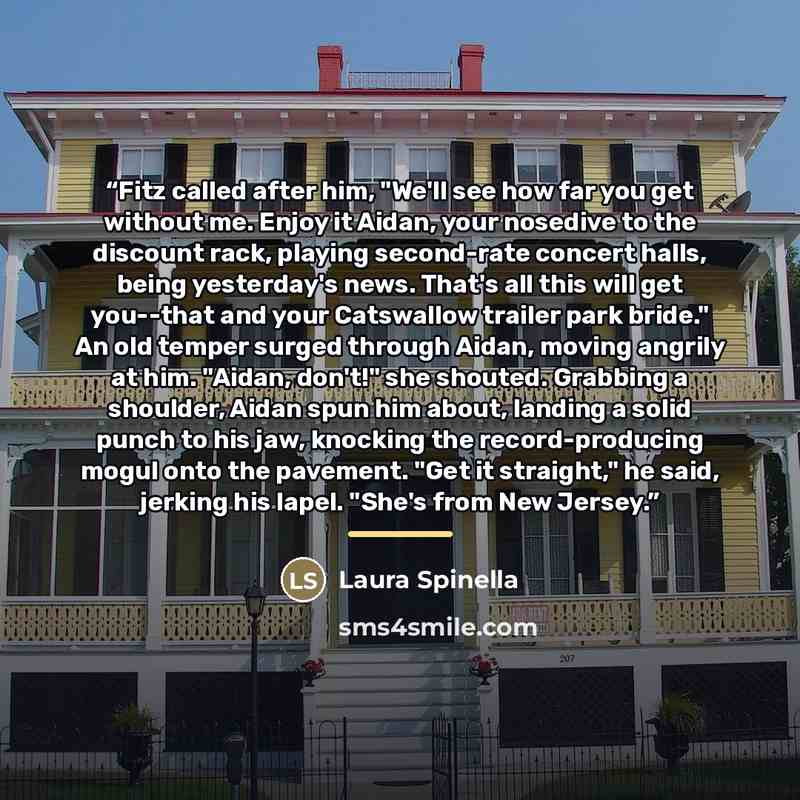 “Fitz called after him, "We'll see how far you get without me. Enjoy it Aidan, your nosedive to the discount rack, playing second-rate concert halls, being yesterday's news. That's all this will get you--that and your Catswallow trailer park bride." An old temper surged through Aidan, moving…” quote by Laura Spinella